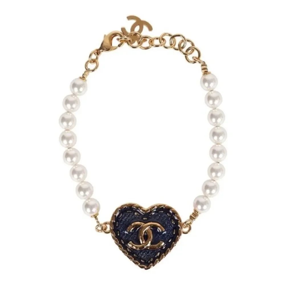 CHANEL Pearl & Denim Blue CC Heart Bracelet